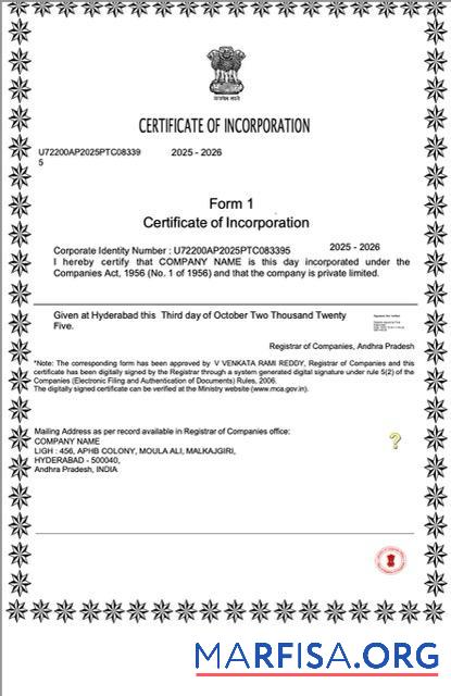 Blank India certificate of incorporation Word and PDF template, version 2